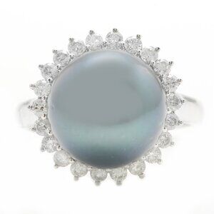 0.58 Carat Natural 12.49 mm Tahitian Pearl and Diamond 14K Solid White Gold Ring